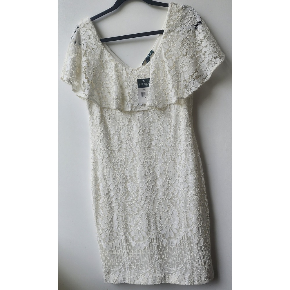 Lauren Ralph Lauren White Floral Lace Ruffle Sheath Dress Size 8 NWT